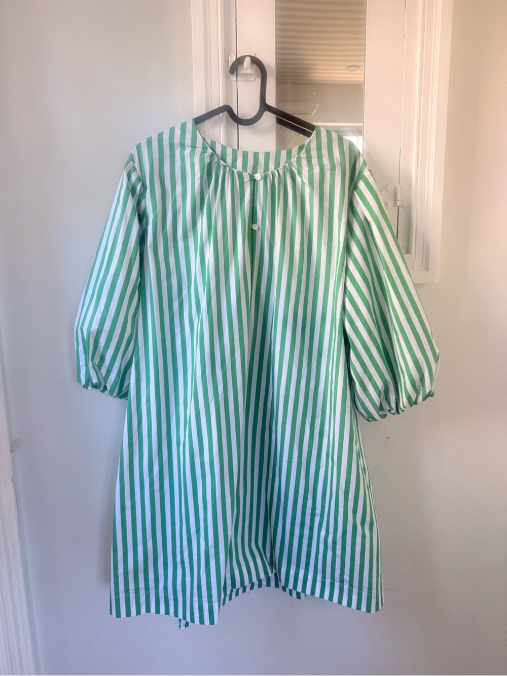 Green and White Striped Puff Sleeve Cotton Blend Tunic